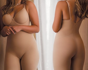 May include: A nude-colored body shaper with adjustable straps and a built-in bra. The shaper is made of a smooth, stretchy fabric and has a high-cut leg.