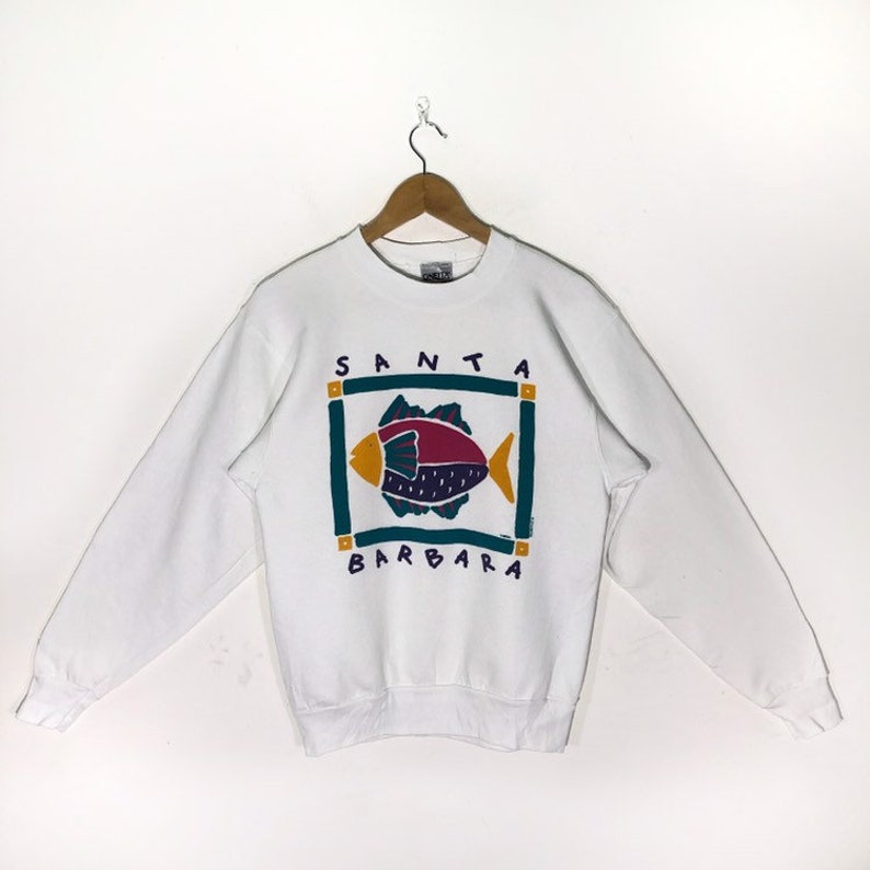 Vintage Santa Barbara Sweatshirt Pullover Crewneck Neon Graphic Usa Made Rare!!