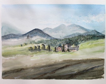 Toscaans landschap Originele aquarel, velden en boerderij, bergen