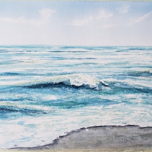 Original Aquarell von Florida Küste, Blaues und Grünes Aquarell vom Golf, Gemälde von Wellen und Strand, Original Aquarell