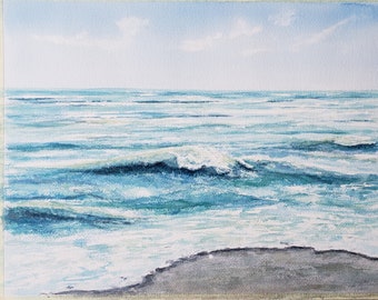 Original Watercolor Painting of Florida Coast, Blue and Green Watercolor of Gulf, Painting of Waves and Beach, original watercolor