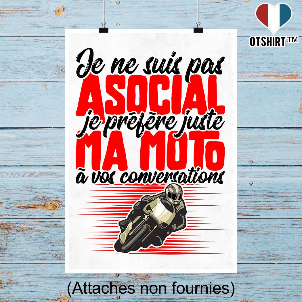 Affiche Pas Asocial Moto | Cadeau Humour Décoration Murale Poster Citation Anniversaire