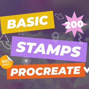Puede incluir: Una ilustraci&oacute;n digital de un conjunto de 200 sellos b&aacute;sicos para Procreate. La imagen presenta una pancarta amarilla, morada y naranja con el texto "BASIC STAMPS PROCREATE 200" en blanco. La imagen tambi&eacute;n incluye una pegatina amarilla con el texto "BIG DEAL!" en blanco.