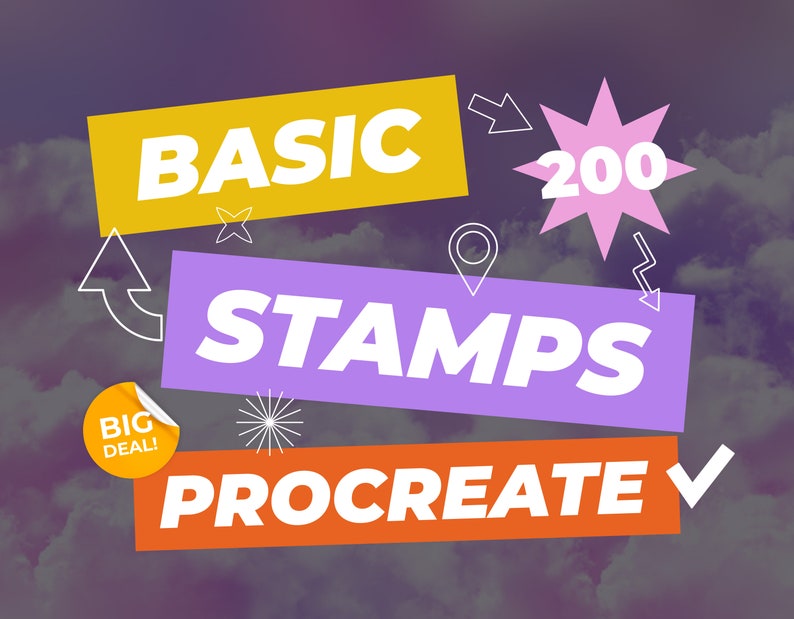 Puede incluir: Una ilustraci&oacute;n digital de un conjunto de 200 sellos b&aacute;sicos para Procreate. La imagen presenta una pancarta amarilla, morada y naranja con el texto "BASIC STAMPS PROCREATE 200" en blanco. La imagen tambi&eacute;n incluye una pegatina amarilla con el texto "BIG DEAL!" en blanco.