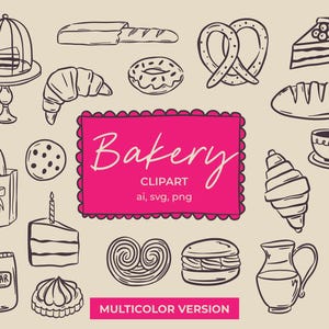 Panadería SVG Clipart / Pan, croissant y pastelería con garabatos franceses caprichosos PNG / Ilustración de menú de boda y desayuno, editable en Canva