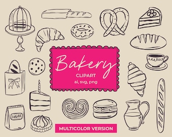 Puede incluir: Ilustraciones en blanco y negro de artículos de panadería, que incluyen pan, pasteles, tartas y un pretzel. El texto "Bakery Clipart ai, svg, png" está en una pancarta rosa con un borde festoneado. El texto "Multicolor Version" está debajo de la pancarta.