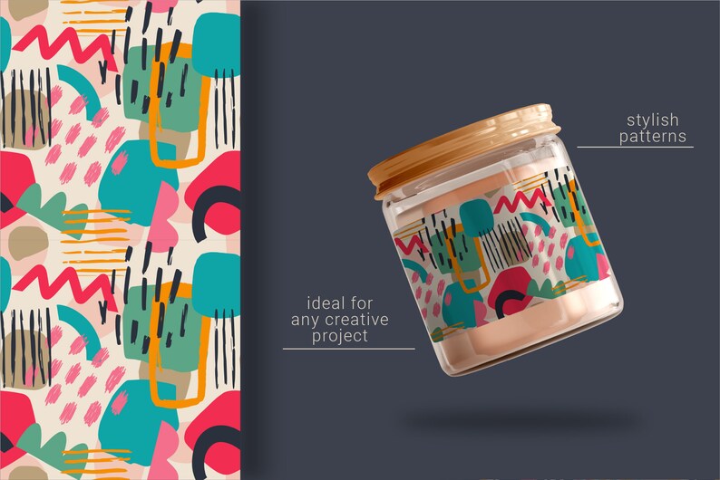 May include: A glass jar with a gold lid is decorated with a colorful abstract pattern. The pattern features geometric shapes, lines, and dots in shades of pink, blue, green, yellow, and black. The jar is floating against a dark gray background.