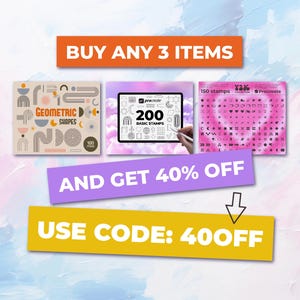 Puede incluir: Un anuncio de venta de dise&ntilde;o gr&aacute;fico con tres conjuntos de sellos digitales para Procreate. El anuncio presenta un conjunto de formas geom&eacute;tricas, un conjunto de sellos b&aacute;sicos y un conjunto de 150 sellos. El texto del anuncio dice "Compra 3 art&iacute;culos y obt&eacute;n un 40% de descuento. Usa el c&oacute;digo: 400FF".