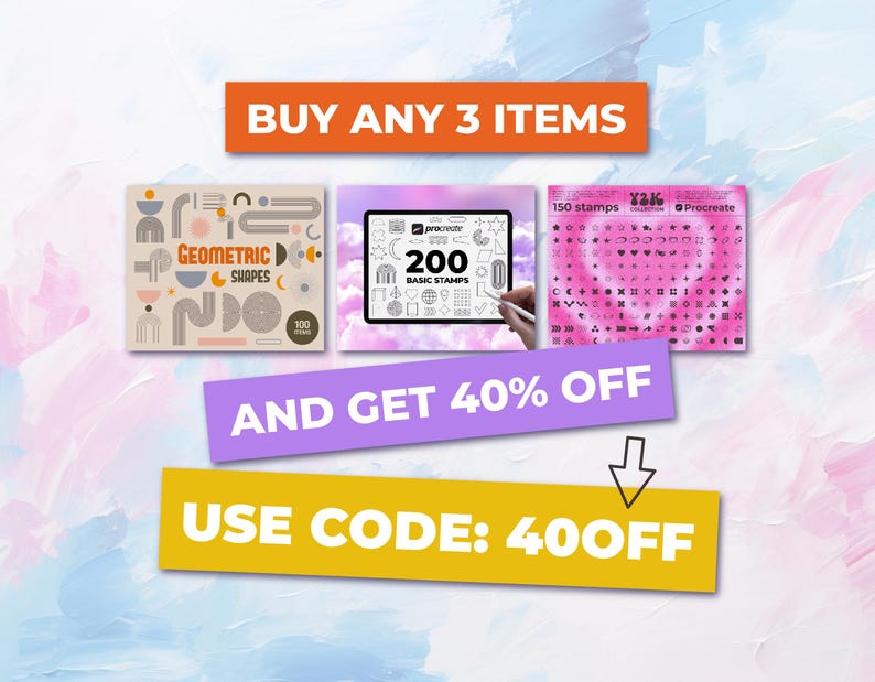 Puede incluir: Un anuncio de venta de dise&ntilde;o gr&aacute;fico con tres conjuntos de sellos digitales para Procreate. El anuncio presenta un conjunto de formas geom&eacute;tricas, un conjunto de sellos b&aacute;sicos y un conjunto de 150 sellos. El texto del anuncio dice "Compra 3 art&iacute;culos y obt&eacute;n un 40% de descuento. Usa el c&oacute;digo: 400FF".