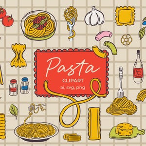 Handgetekende pasta clipart | Italiaans eten SVG en PNG | Grillig restaurant, trouwmenu-icoon, krabbelillustraties spaghetti farfalle ravioli