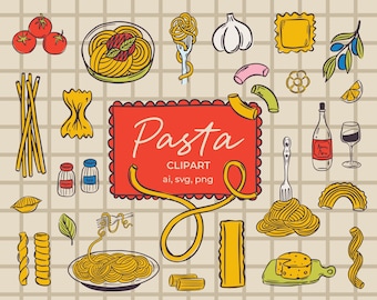 Handgezeichnet Pasta Clipart | Italienisches Essen SVG & PNG | Skurrile Restaurant, Hochzeitsmenü-Ikone, Spaghetti Farfalle Ravioli Doodle Illustrationen