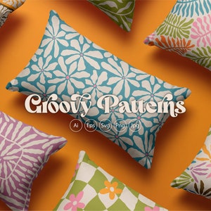 50 Groovy Blumen-Digital-Papiere, Retro-nahtlose Muster, 70er 60er Jahre Vintage Scrapbook-Papier, druckbare abstrakte Herzen-Hintergründe, Jpeg Png Eps