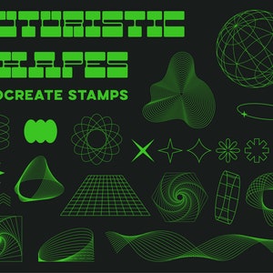 100 Abstract Geometric Stamps for Procreate,  Futuristic Line Art Brushes, Vaporwave shapes, Basic Brushes, 3d Silhouette brush pack