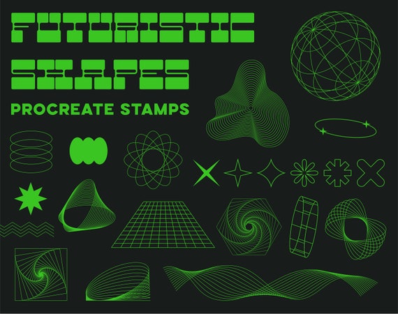 100 Abstract Geometric Stamps for Procreate,  Futuristic Line Art Brushes, Vaporwave shapes, Basic Brushes, 3d Silhouette brush pack