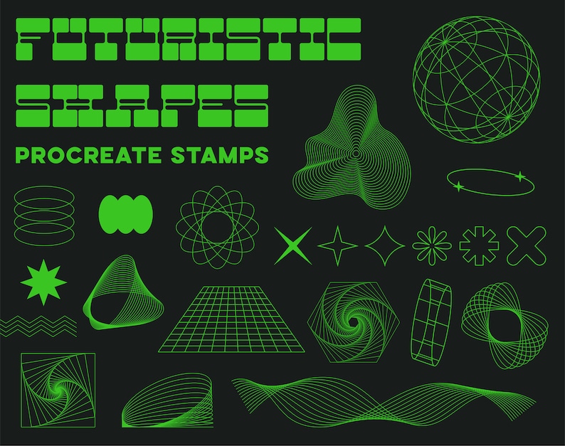 100 Abstract Geometric Stamps for Procreate, Futuristic Line Art Brushes, Vaporwave shapes, Basic Brushes, 3d Silhouette brush pack image 1