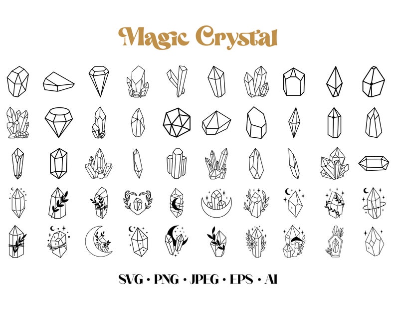 50 kristall SVG, linjekonst ädelstenar former, clipart diamant, ädelsten samling, klotter smycken konst linje silhuett set för scrapbooking, Cricut bild 2