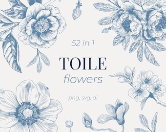 Elegant Toile de Jouy & Barock Clipart | Klassisch Blau, Gold, Rot, Schwarz Blumen Chinoiserie PNG und SVG für Hochzeitseinladung
