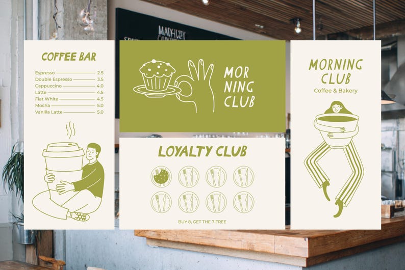 Pu&ograve; includere: Un'insegna di caffetteria con menu e cartelli promozionali con illustrazioni minimaliste. I cartelli includono un menu del bar, un'insegna "Morning Club" e una promozione "Loyalty Club". La tavolozza dei colori &egrave; crema, verde oliva e bianco.