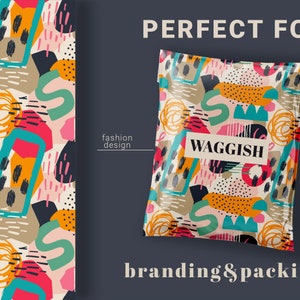 May include: A colorful abstract pattern with geometric shapes, dots, and lines. The pattern is repeated on a white background. The text "WAGGISH" is in black letters on a pink background.