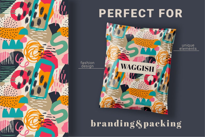 May include: A colorful abstract pattern with geometric shapes, dots, and lines. The pattern is repeated on a white background. The text "WAGGISH" is in black letters on a pink background.