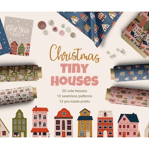Pacote SVG de casas pequenas fofas de Natal, SVG de casa, clipart de casa, doce lar, cidade pequena europeia, conjunto de clipart de casas pequenas de ano novo