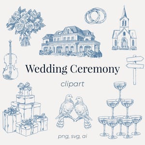Cerimonia nuziale Clipart PNG e SVG / Icone della cronologia disegnate a mano, Illustrazioni del creatore della mappa del luogo, Torre dello champagne, Elegante cineseria blu