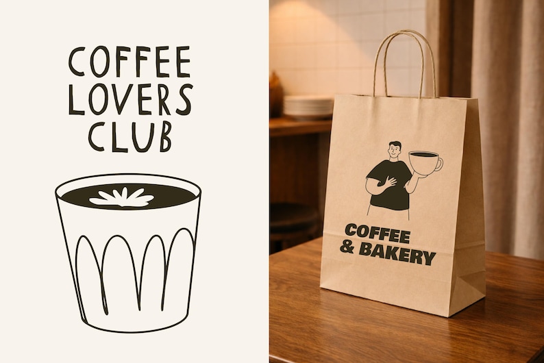 Pu&ograve; includere: Un sacchetto di carta marrone con le parole "Coffee & Bakery" e un disegno di una persona che tiene in mano una tazza di caff&egrave;. La borsa &egrave; su un tavolo di legno. A sinistra c'&egrave; un disegno di una bevanda al caff&egrave; con le parole "Coffee Lovers Club".
