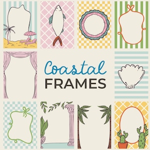 Coastal Hand-Drawn Frames & Whimsical Clipart | Mediterranean Summer Borders for Canva Template | Tropical Icons for Party Elements PNG SVG