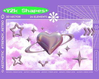 3D Y2k shapes digital prints, retro clipart png, holographic heart and star vector, printable art, abstract render, Aesthetic transparent