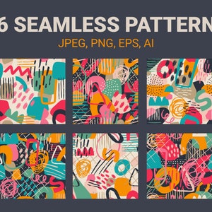 May include: Six colorful abstract seamless patterns with geometric shapes, lines, and dots. The patterns are in a variety of colors, including pink, blue, green, yellow, and orange. The patterns are perfect for use in a variety of design projects, such as fabric, wallpaper, and packaging.