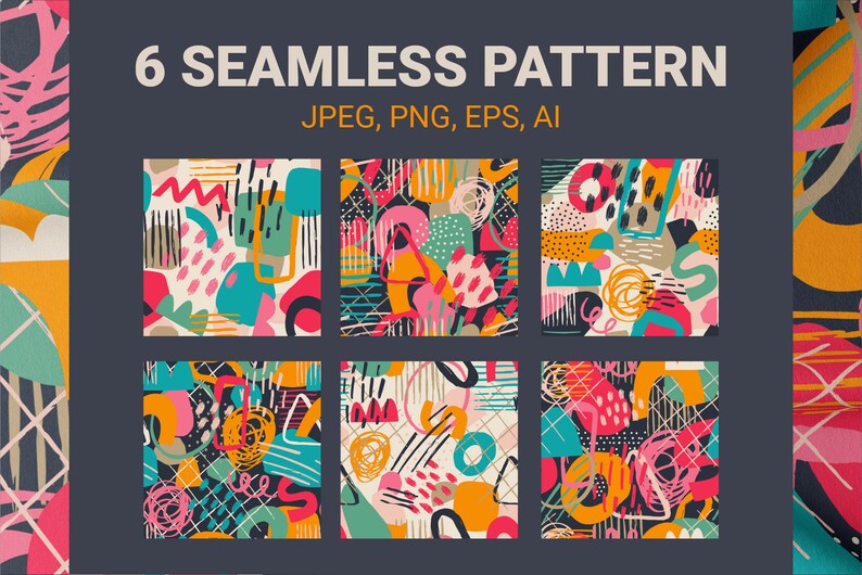 May include: Six colorful abstract seamless patterns with geometric shapes, lines, and dots. The patterns are in a variety of colors, including pink, blue, green, yellow, and orange. The patterns are perfect for use in a variety of design projects, such as fabric, wallpaper, and packaging.