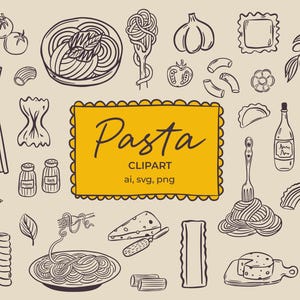 Clipart de macarrão desenhado à mão | Comida italiana SVG e PNG | Restaurante caprichoso, Ícone de menu de casamento, Ilustrações de rabiscos de espaguete farfalle ravioli