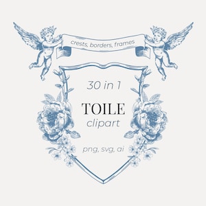 Clipart Toile de Jouy e stemmi floreali / Elegante Chinoiserie SVG PNG / Cornici per matrimonio con motivo francese Monogramma per invito / Bordi senza soluzione di continuità
