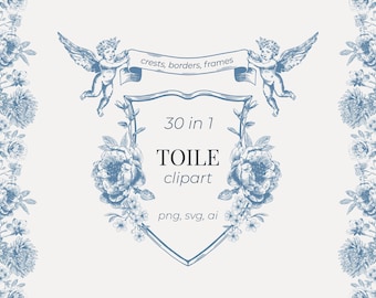 Toile de Jouy Clipart: French Floral Crests, Wedding Frames (SVG, PNG)