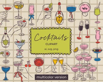 Whimsical Cocktail Clipart PNG & SVG | Hand-Drawn Drinks, Champagne, Vine, Margarita, Martini SVG | Party Bar Menu Multicolored Doodle Icons