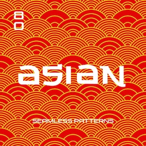 May include: Red and gold Asian-inspired seamless pattern. The design features a repeating pattern of stylized, overlapping semicircles. The word "ASIAN" is displayed in large, white, sans-serif letters. The words "SEAMLESS PATTERNS" are at the bottom.