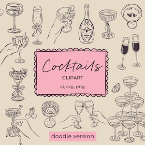 Clipart di cocktail stravaganti SVG PNG / Bevande disegnate a mano, champagne e martini, margarita / Icone di doodle di menu di feste e bar / Tenere bevande
