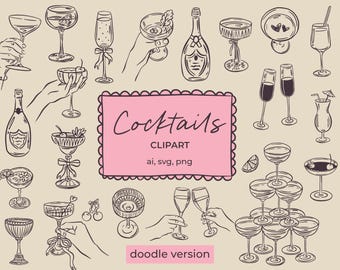 Whimsical Cocktail Clipart SVG PNG | Hand Drawn Drinks, Champagne & Martini, Margarita | Party and Bar Menu Doodle Icons | Holding Drinks