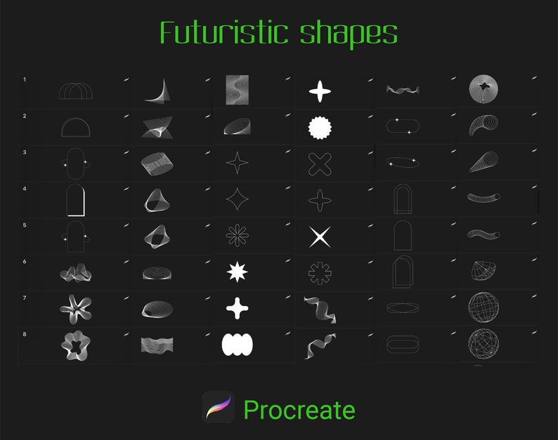 100 Abstract Geometric Stamps for Procreate, Futuristic Line Art Brushes, Vaporwave shapes, Basic Brushes, 3d Silhouette brush pack image 2