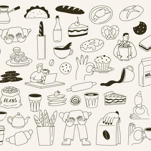 Pu&ograve; includere: Una collezione di illustrazioni disegnate a mano di prodotti da forno e caff&egrave;. Include croissant, pane, tazze di caff&egrave;, una caffettiera, un sacco di fagioli, una fetta di torta e una persona che lavora su un laptop. Tutti gli elementi sono delineati in nero.
