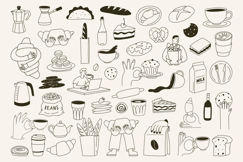 Pu&ograve; includere: Una collezione di illustrazioni disegnate a mano di prodotti da forno e caff&egrave;. Include croissant, pane, tazze di caff&egrave;, una caffettiera, un sacco di fagioli, una fetta di torta e una persona che lavora su un laptop. Tutti gli elementi sono delineati in nero.