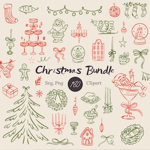 Clipart de Natal e Bordas Caprichosas | Ícones SVG e PNG de Feriados Festivos para Convites, Decoração de Inverno, Menu de Jantar | Editável para Canva