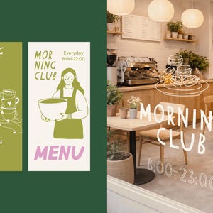 Pu&ograve; includere: Interno di un bar con la scritta "MORNING CLUB" e un menu. Il menu elenca caff&egrave; e bevande speciali. Il bar ha tavoli, sedie e piante. L'orario &egrave; dalle 8:00 alle 23:00.