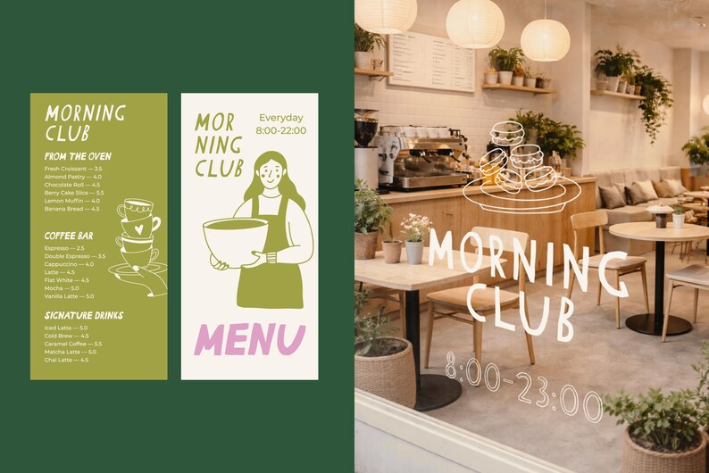 Pu&ograve; includere: Interno di un bar con la scritta "MORNING CLUB" e un menu. Il menu elenca caff&egrave; e bevande speciali. Il bar ha tavoli, sedie e piante. L'orario &egrave; dalle 8:00 alle 23:00.