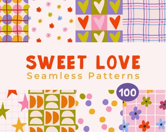 Sweet Love Seamless Pattern Bundle | Wavy Lines, Hearts, Stars & Checkered Prints, Whimsical Hand Drawn Geometric SVG PNG print