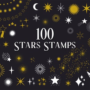 以下が含まれることがあります： 金と白の星のスタンプ100個セット。スタンプは流れ星、太陽の光、伝統的な五芒星など、さまざまな形とサイズがあります。テキスト「100 STARS STAMPS」は黒地に白で印刷されています。