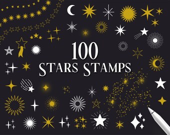 100 Sterne Pinsel für Procreate, Sternen und Mond Stempel, Glow Star Procreate, Sonnenlicht, Sternenkranz Pinsel, Digitale Sterne, Glitzer funkelt