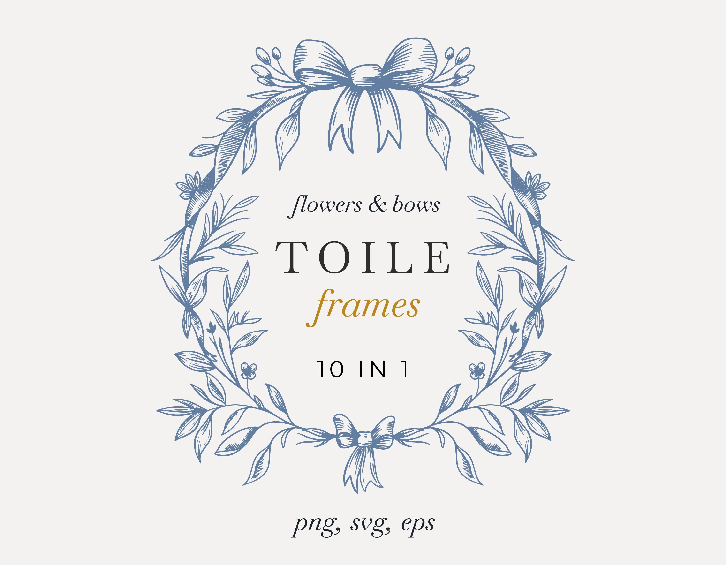 Wedding Floral Frame | Elegant Crest | Toile de Jouy & Baroque Frame PNG | Chinoiserie Line Art | Vintage Blue Flower SVG | Digital Download