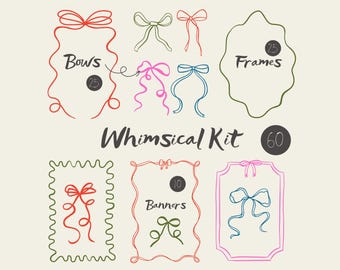 Whimsical Frames & Bows Clipart | Wavy Squiggle Invitation Frame | Hand-Drawn Wedding Clipart | Bow, Borders and Banners | Digital Download