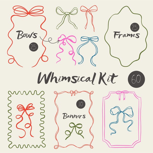 Skurril Rahmen & Bögen Clipart | Wellenförmiger Kringeleinladungsrahmen | Handgezeichnete Hochzeit Clipart | Schleife, Bordüren und Banner | Digitaler Download